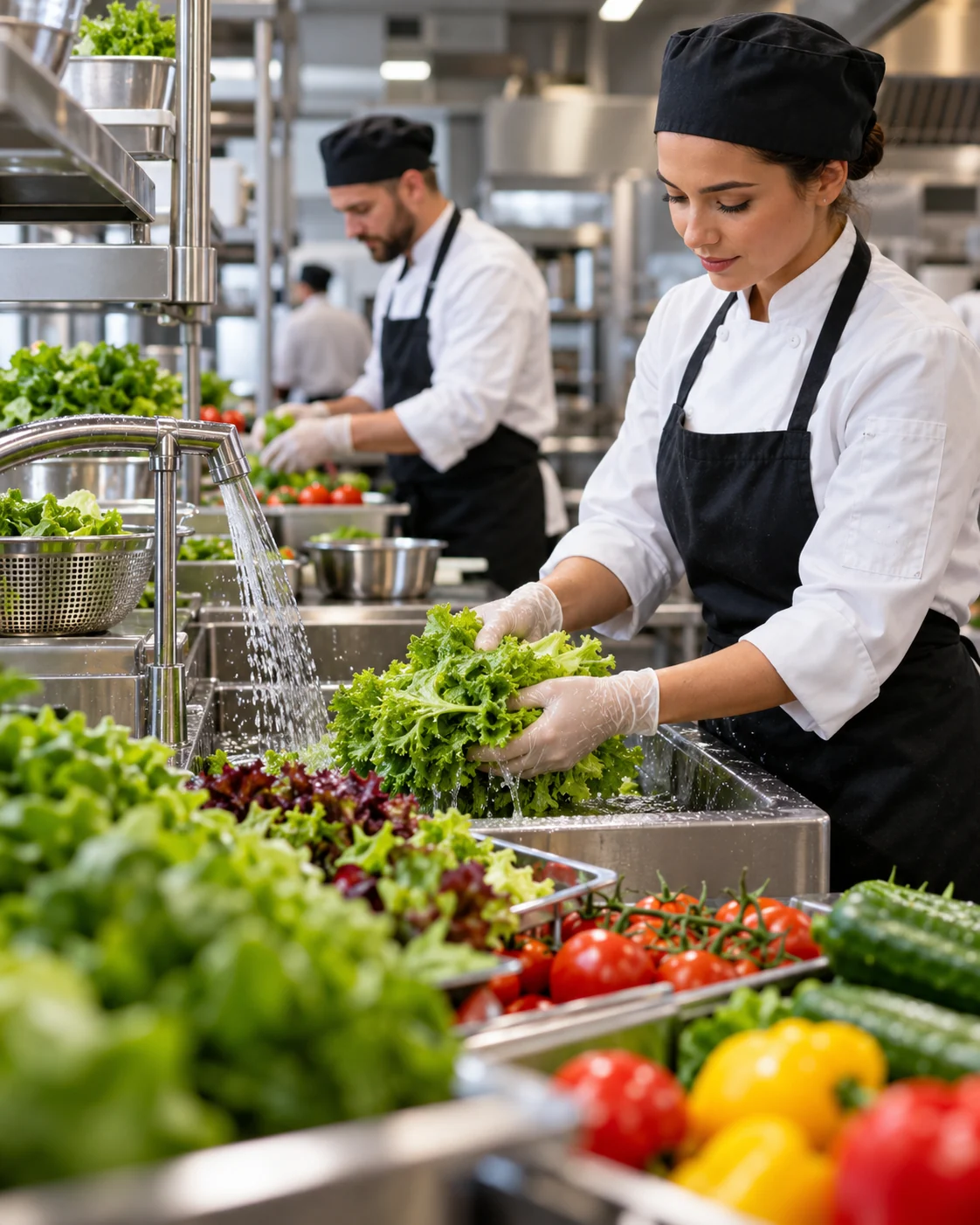 Saladas lavadas em cozinha profissional